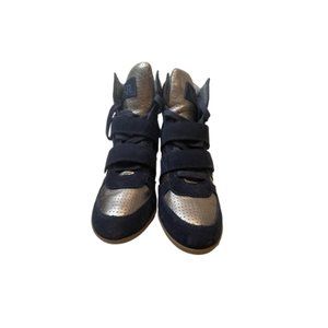 Ash Bowie Navy and Metallic Suede and Leather Wedge Sneakers